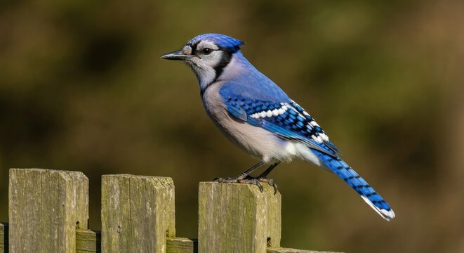Blue jay perched on weathered wooden fence post