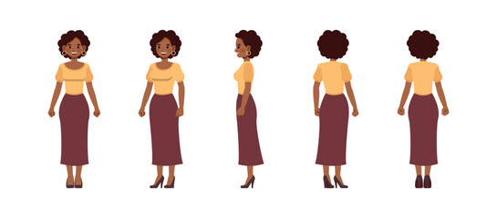Business woman front, side and back view wear yellow shirt and long purple skirt, brown curly hair character vector illustration design set.