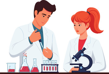 Young scientists working in laboratory, using pipette and microscope, analyzing samples, chemical research in progress, teamwork