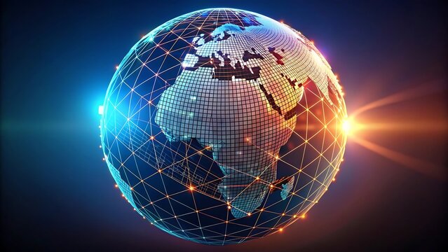 Digital globe with glowing connections and lights representing global network and technology on a dark background