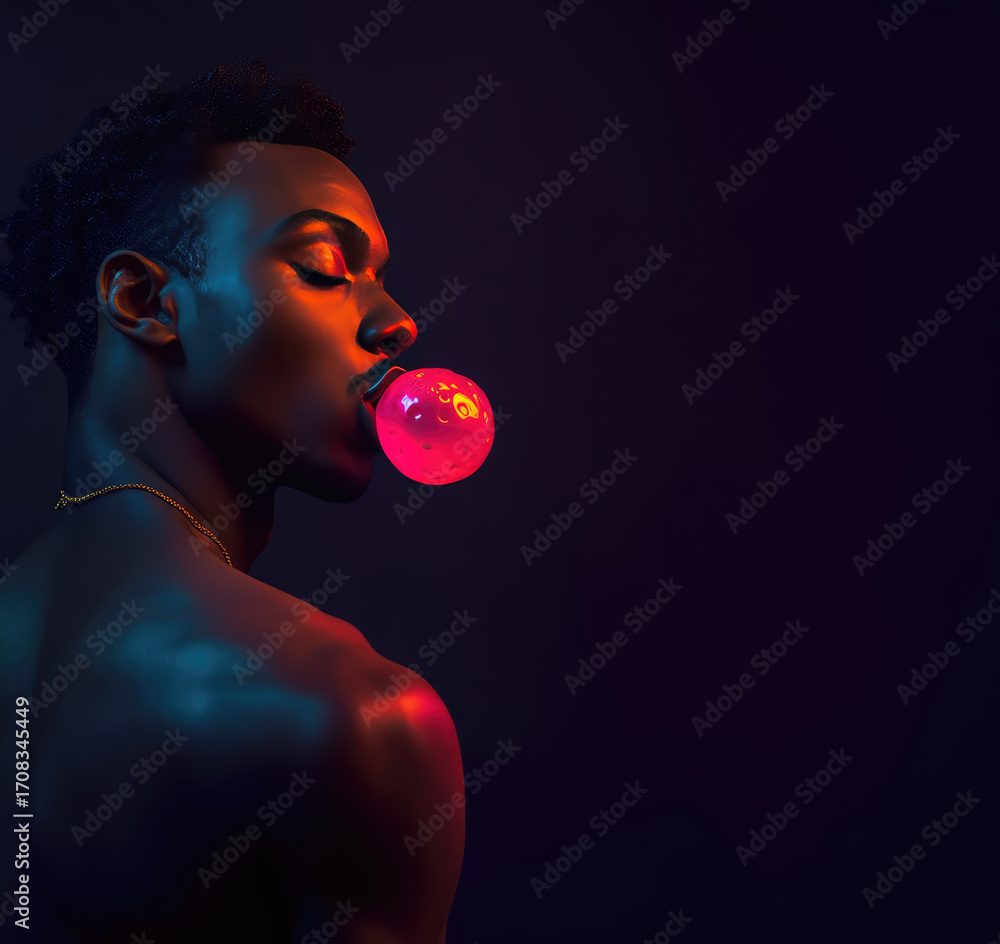 Poster man blowing bubble with pink bubblegum, illuminated by colorful lighting. dramatic shadows and vibra