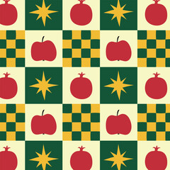 Rosh Hashanah - cute hand drawn seamless checkered background. Seamless pattern with pomegranates, apples and stars. Vector illustration with fruits.