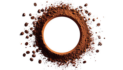 Circular frame of coffee grounds with coffee beans