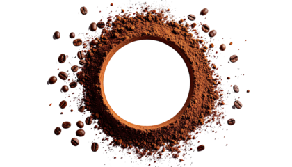 Circular frame of coffee grounds with coffee beans