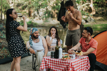 A group of young adults spending quality time together while camping near a river, indulging in food, and enjoying each other's company amidst nature's tranquility.