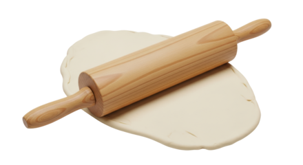 Isolated wooden rolling pin on flattened dough for baking homemade food preparation tools