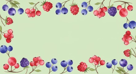 Watercolor berry border with blueberries, raspberries, currants, and blackberries on green background for recipe, summer, or health design.