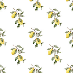 Bright yellow lemons and green leaves in a seamless watercolor pattern design for textiles
