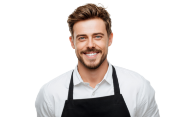Smiling young man wearing black apron and white shirt isolated on transparent background
