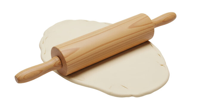 Isolated wooden rolling pin on flattened dough for baking homemade food preparation tools