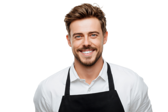 Smiling young man wearing black apron and white shirt isolated on transparent background