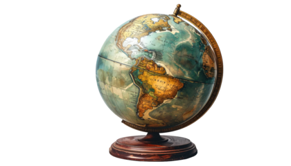Antique-style globe on stand.  Detailed world map
