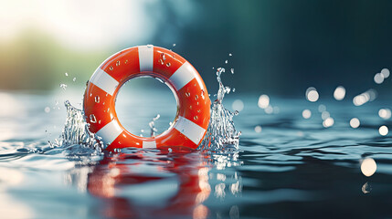 bright orange life buoy floats on surface of water, creating splashes as it interacts with waves. scene evokes sense of safety and alertness in environment