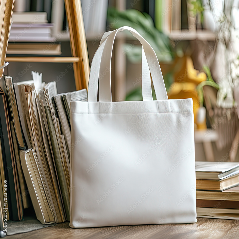 Poster clean white canvas tote bag stands against backdrop of bookshelves filled with books, creating styli