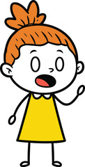 Cartoon child character with expressive face, red hair bun, yellow dress, black and white vector illustration, kids icon, speaking pose