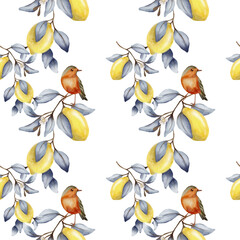 Vibrant watercolor pattern featuring birds and lemons for textile and packaging design