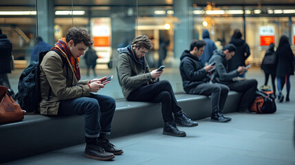 People sitting on bench, focused on their smartphones in modern urban setting. scene captures moment of connection and concentration amidst busy environment