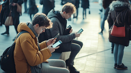 Young people using smartphones in busy urban setting, focused on their screens. scene captures essence of modern technology and social interaction