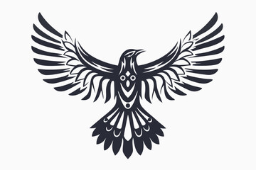 Stylized black raven soars upward with widespread wings against a white background