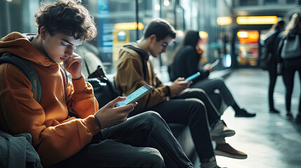 Young individuals engaged with smartphones in busy terminal, modern technology use. scene captures moment of focus and connection in bustling environment