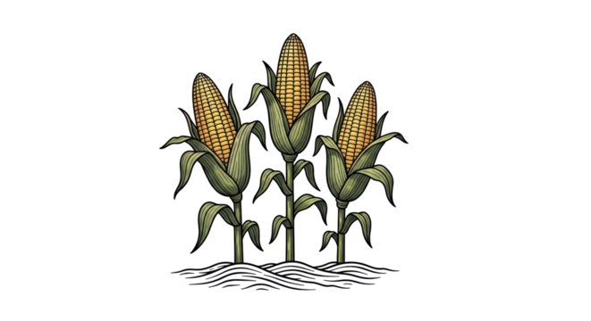 Isolated Three corn stalks with ears, growing on ground with waves artistic vector drawing