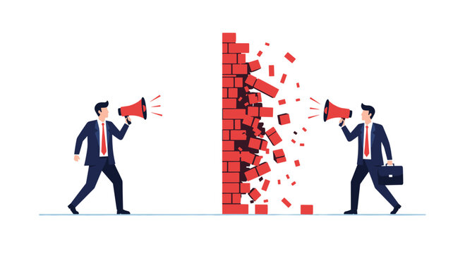 Businessmen breaking down communication barriers with megaphones for effective collaboration.