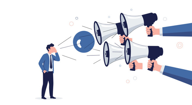 Man overwhelmed by multiple loud announcements from megaphones.