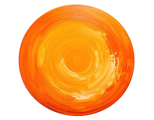 Circular, orange and yellow painted ceramic disc