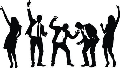 Dancing silhouette set with five expressive figures, black and white vector illustration, joyful motion, formal attire, party celebration icon