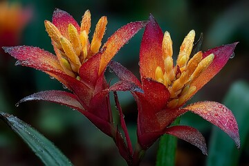 Tropical bromeliad plant with bright floral crown high resolution picture