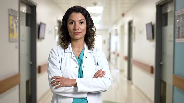 A confident medical professional stands in a hospital corridor, exuding authority and readiness to assist.