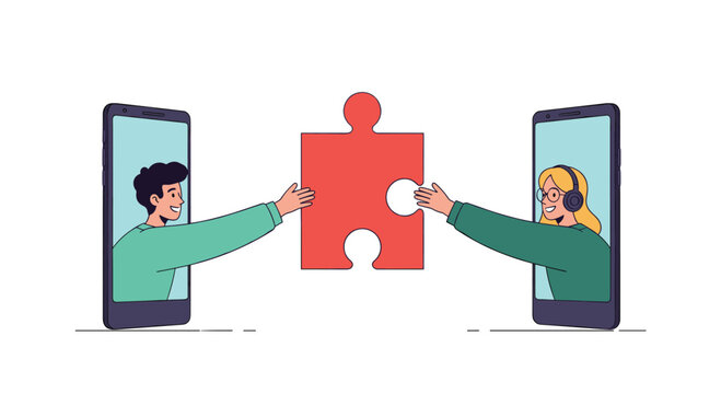 Connecting people through online puzzle pieces on phones.