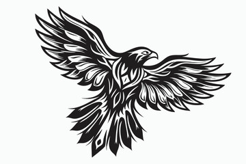Obraz premium Striking black and white eagle soars powerfully, intricately detailed wings widespread, against a clean background