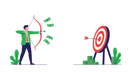 Man shooting arrows at a money target to achieve financial goals.