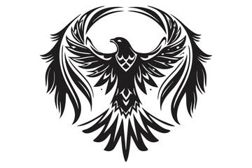 Isolated tribal phoenix silhouette illustration depicts rising powerful mythical bird with detailed feather patterns