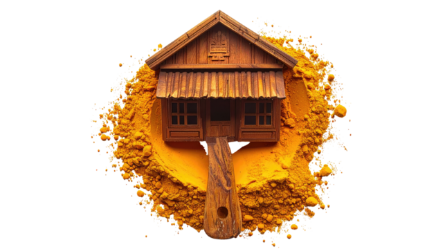 Wooden miniature house nestled in turmeric powder