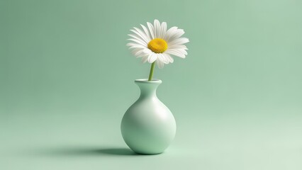 A single, white daisy with a yellow center sits in a pale green vase against a muted green background. The image is simple, clean, and minimalist