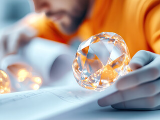 focused engineer examines blueprints while holding crystal object, precision and creativity in design. warm lighting adds touch of inspiration to workspace