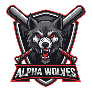 Wolf logo symbol with crossed baseball bats