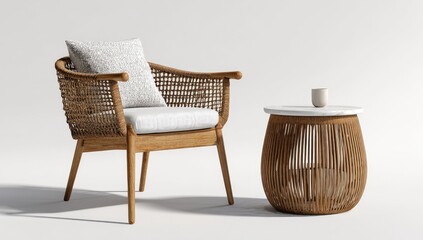 Light-toned wooden chair and side table