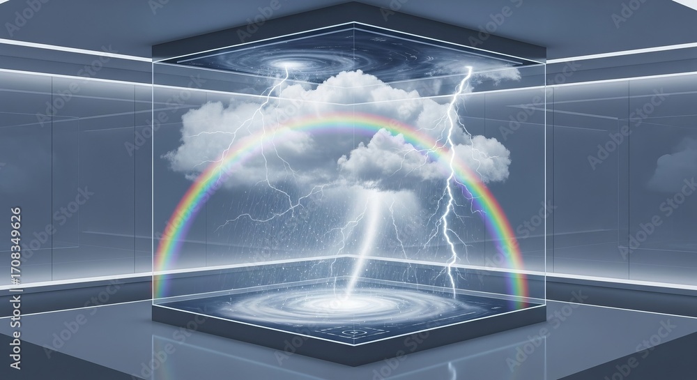 Poster a futuristic command center with a powerful indoor weather simulator creating a thunderstorm and rai
