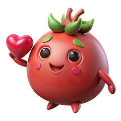 Cute 3D cartoon tomato character with green leaves holding a red heart and smiling fruit isolated on a transparent background