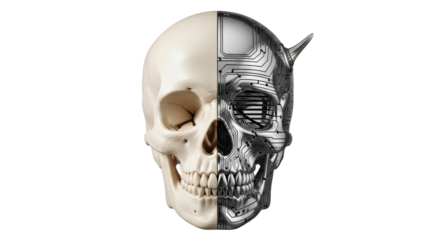 Isolated Cyborg Skull with Devil Horn, Half Human Half Machine, Halloween Death Concept