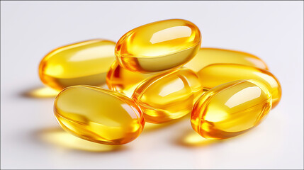 Cod liver oil,golden-yellow vitamin E capsules piled together,  transparency,white background,
fish oil,drug,medicine, supplement. 