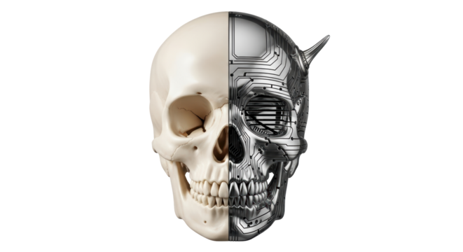 Isolated Cyborg Skull with Devil Horn, Half Human Half Machine, Halloween Death Concept