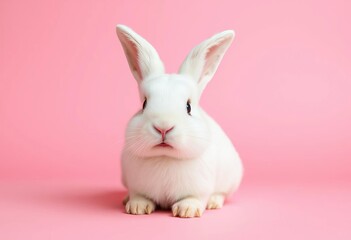 Obraz premium Smiling white bunny sitting on pink background, studio, soft