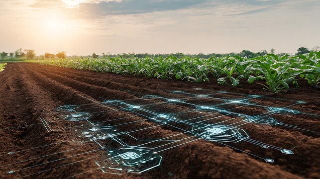 Agricultural field with digital network overlay showing smart farming technology