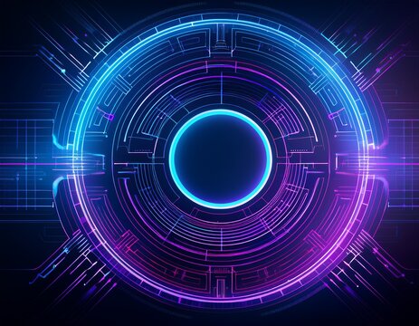 abstract futuristic holographic circle maze interface concept background for technology cybersecurity or business presentation dark tone with neon purple and blue color with copy space for text