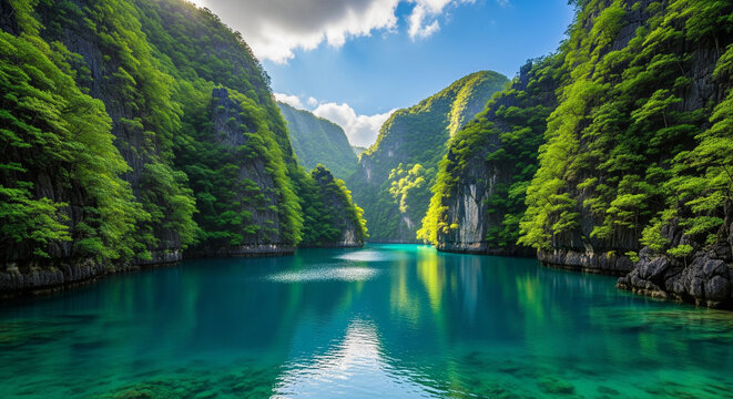 Majestic Tropical Lagoon Surrounded by Green Cliffs.
This breathtaking photograph captures a hidden tropical lagoon with its stunningly clear, emerald-green water
