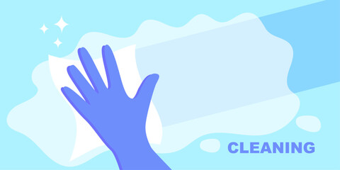 Hand in a purple rubber glove with white cleaning sponge on a blue background with a copy space